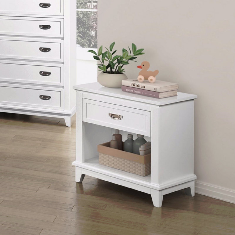 Table de chevet 1 pièce avec rangement spacieux, tiroir et tablette inférieure, style classique, Blanc