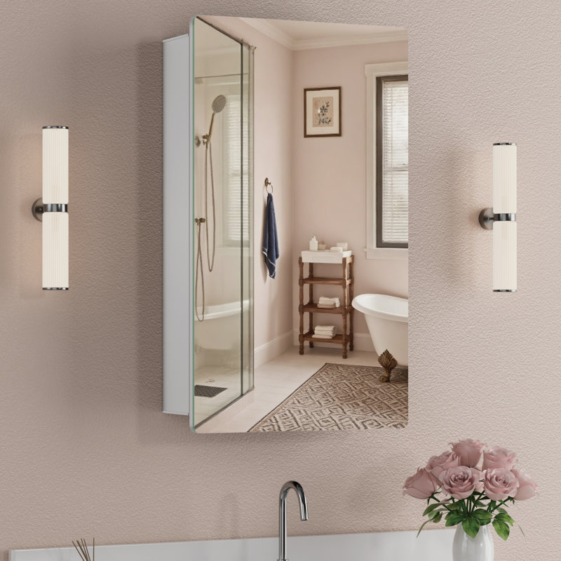 14" W X 24" H Surface or Recessed Mount Medicine Cabinet with Mirror, Aluminum Frame and Adjustable Tempered Glass Shelves for Makeup, Shaving or Bathroom Vanity Storage