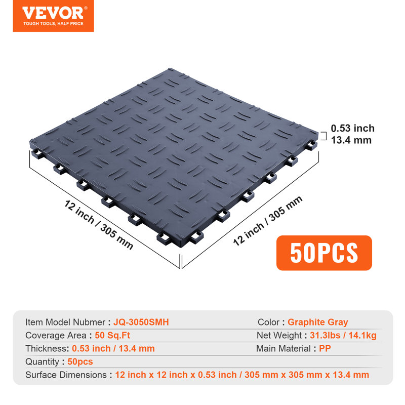 VEVOR 12 in. W x 12 in. L Garage Flooring Roll Drain Tiles in, Gray