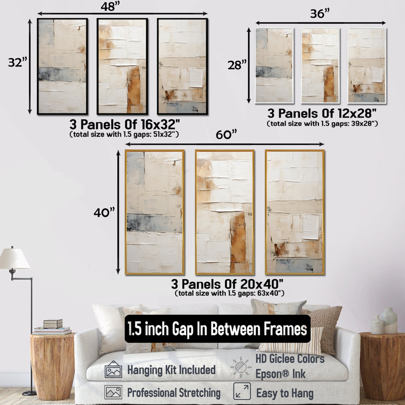 Ensemble d'art sur toile scandinave beige et doré minimalisme scandinave III, Cadre flottant noir, H 28 po x l 36 po x P 1 po