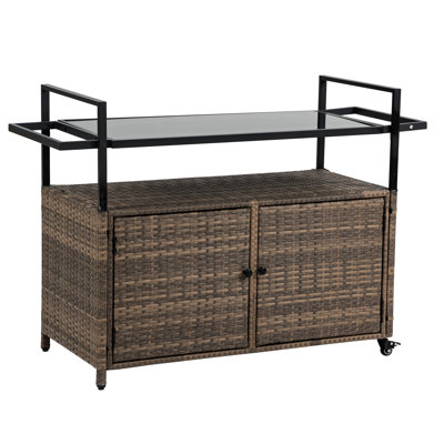 Versatile Garden Beverage Cart - With Glass Top And 360 Wheels For Outdoor Brown Poolside Tabletop Patio Use