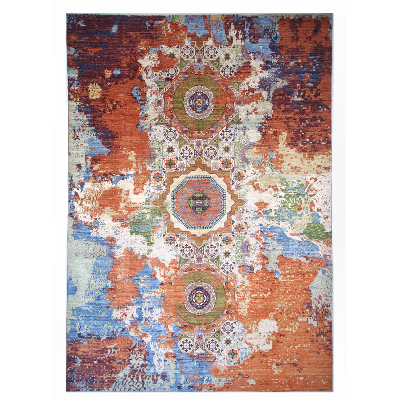 Hand Knotted Wool Area Rug in Rust