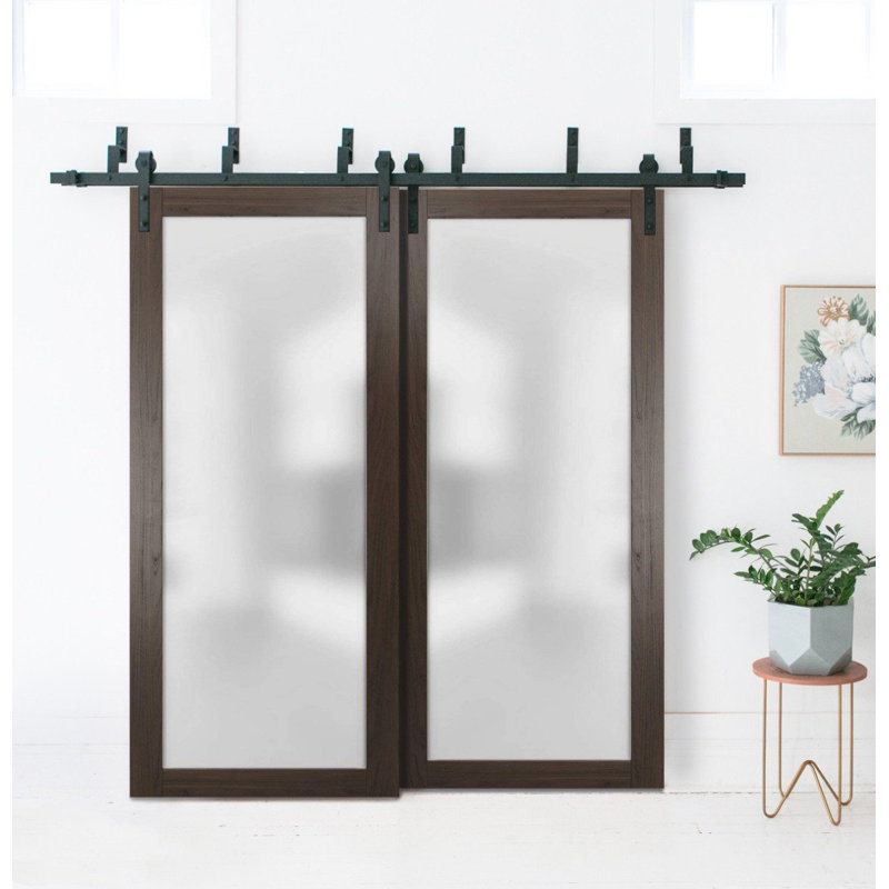 Portes coulissantes de placard en verre dépoli de style grange avec quincaillerie Planum 2102 Frêne chocolat Rails robustes de 2 m Ensemble de quincaillerie Portes de placard de chambre modernes en bois massif - 163 x 213 cm (2 x 81 x 213 cm)