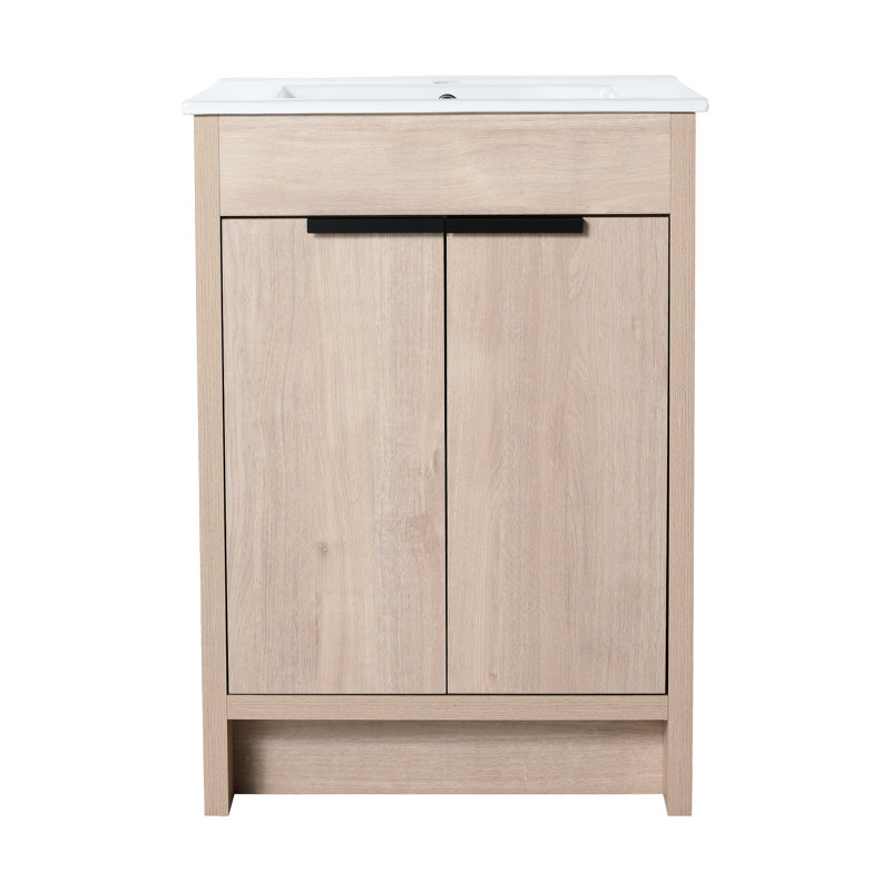Meuble-lavabo de salle de bain autoportant de 24 po, portes à fermeture douce, chêne brut, contreplaqué, tablettes réglables pour plus de fonctionnalité, finition en chêne de l'armoire, matériau en contreplaqué