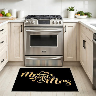 Black Mr Mrs Gold Romantic Lettering Drawn Valentine Day Machine Washable Indoor Area Rug