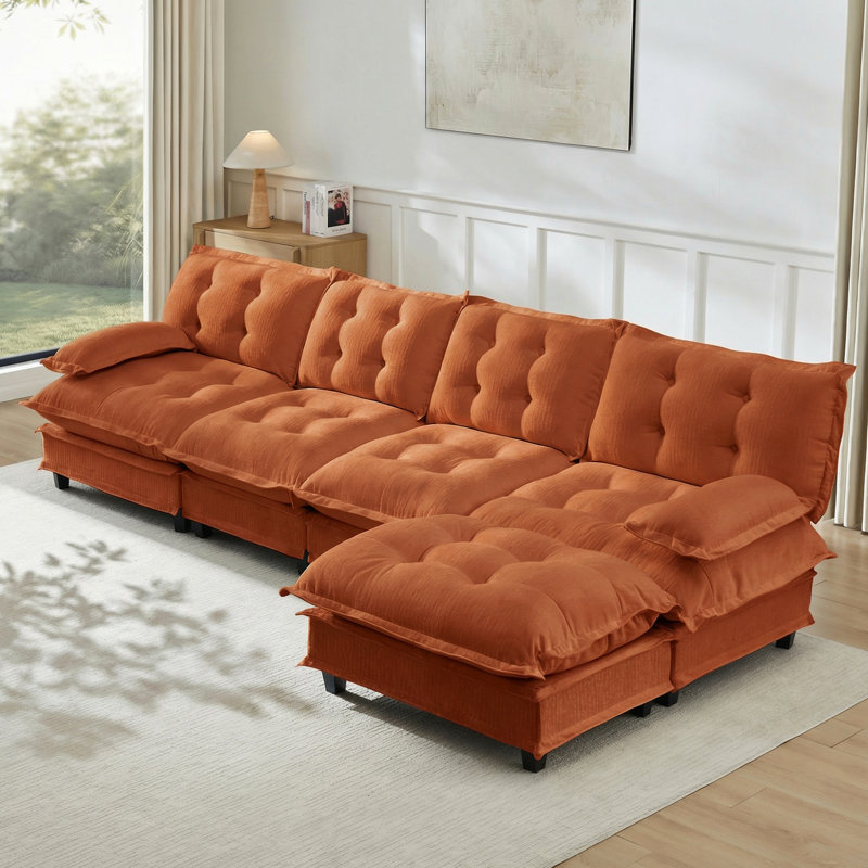 Canapé modulaire modulaire en forme de L de 138 po en forme de L avec repose-pieds 4 places, canapé en chenille profonde avec coussin en treillis confortable décoré, chambre et appartement, orange