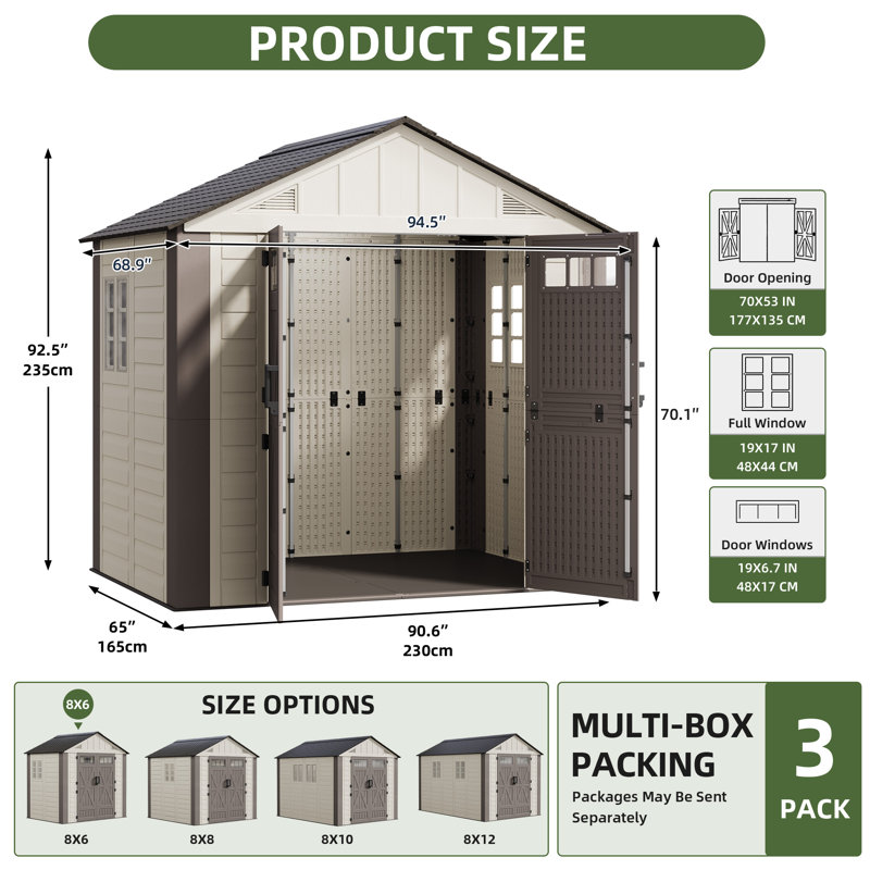 Abri de jardin Edrosie Inc 8x6 pi en résine avec fenêtres, 8×6FT