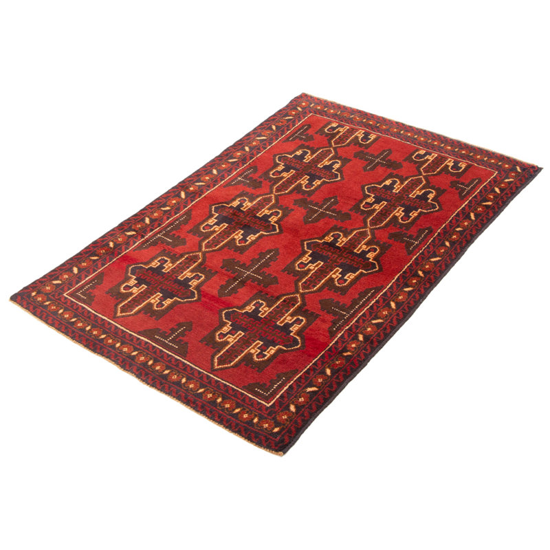 Tapis rouge en laine noué à la main de conception unique 3 pi 7 po x 5 pi 11 po