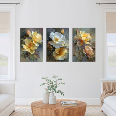 Tableau élégant à motif floral de roses jaunes sur toile tendue (lot de 3)