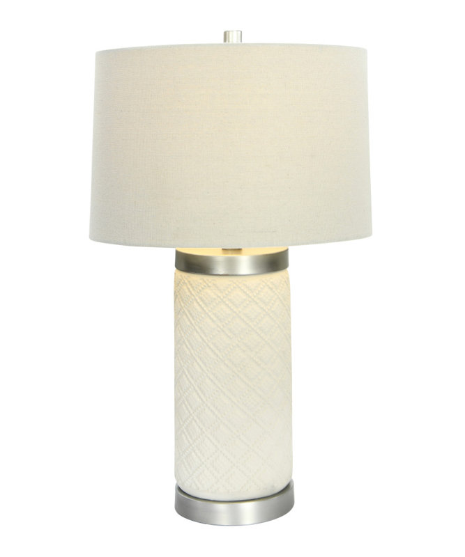 Lampe de table en béton brut avec détails en étain vieilli et abat-jour en lin, Crème / étain