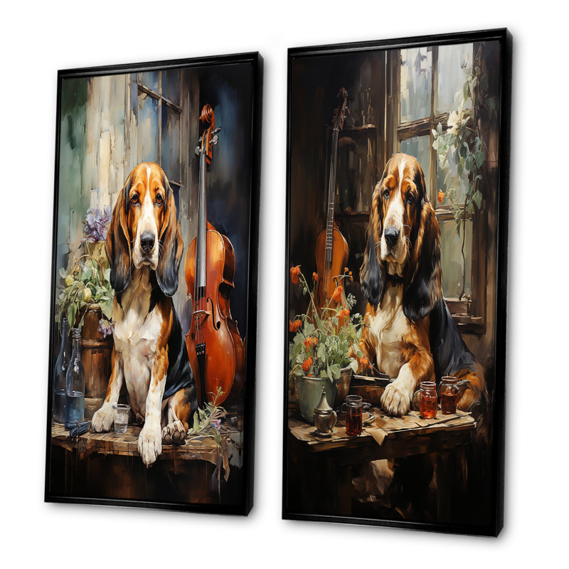 Basset hound melody - ensemble de 2 reproductions d'art mural, Cadre noir, H 40 po x l 41 po