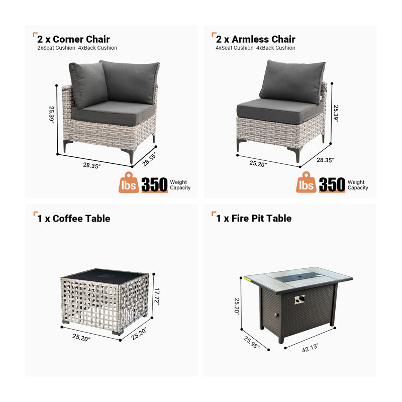 6- Piece Outdoor Patio Furniture Set with Fire Pit Table, All - Weather Wicker, Thick Padded Cushions, Sectional Sofa & Chairs for Garden, Backyard & Patio