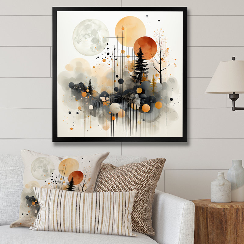 Paysage moderne noir et jaune de la forêt IV - Art abstrait paysage mural, Cadre simple noir, H 30 po x l 30 po x P 1,5 po