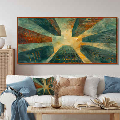 Vert, rouge, urbain, rétro, gratte-ciel I - gratte-ciel, art mural, salon