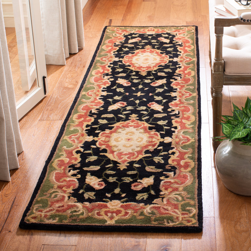 Tapis noir / vert en laine touffeté à la main à motif oriental Alg, Tapis de couloir 2 pi 3 po x 8 pi
