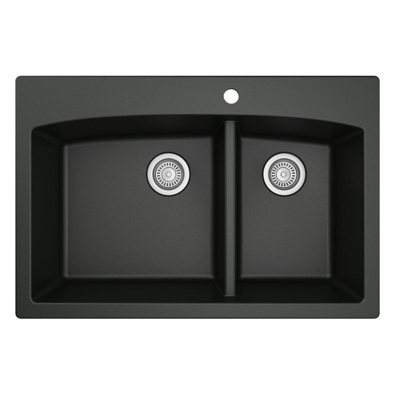 Karran Drop-in Quartz Composite 33'' X 22'' 1-Hole 60/40 Double Bowl Kitchen Sink, Black