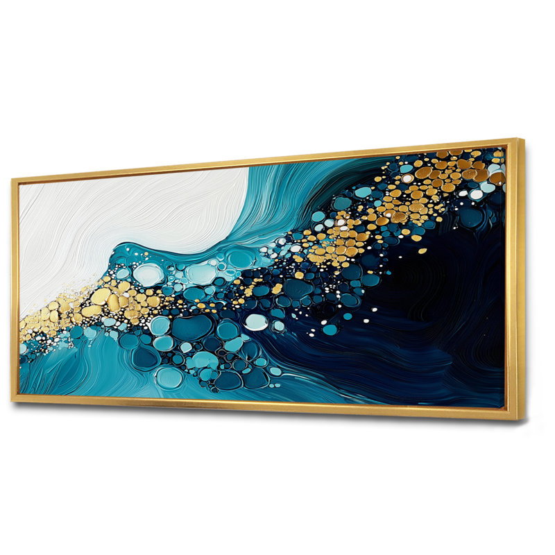 Abstrait aqua Pulse of the Ocean III - art mural abstrait, H 28 po x l 60 po, Cadre flottant, Doré