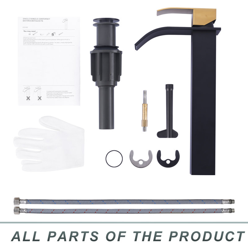 Waterfall Single Hole Bathroom Faucet with Drain Kit Included, Matte Black/Gold
