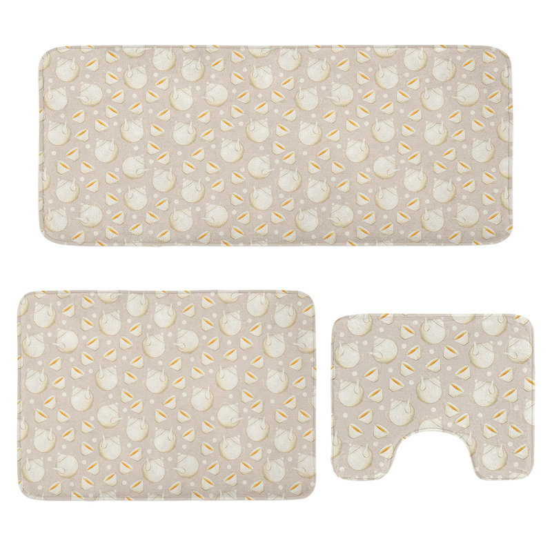  Ensemble de tapis de salle de bain Tea Party 3 pièces en U et tapis rectangulaires brun clair souci brun blanc