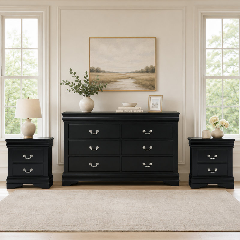 Ensemble de meubles de chambre à coucher transitionnels 3 pièces, commode 6 tiroirs + tables de chevet 2 tiroirs, armoire de rangement en bois massif avec poignées en métal, 4 couleurs disponibles (noir / blanc / gris / cerisier foncé)