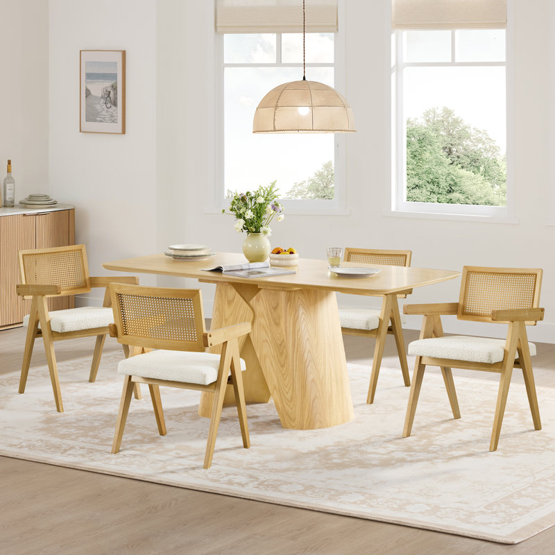 Upholstered Dining Chair with Woven Rattan Back, Oak