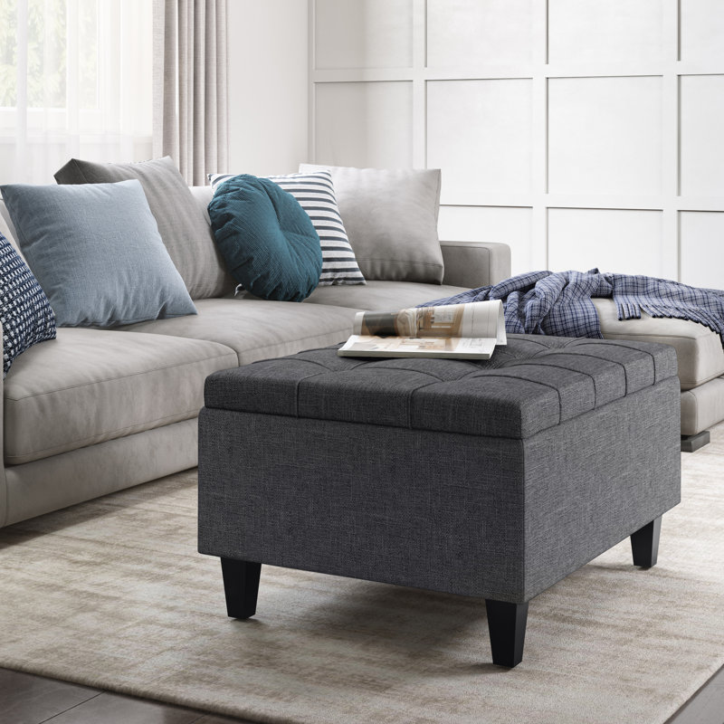 Slate Gray Tufted Cocktail Storage Ottoman with Eucalyptus Wood Legs