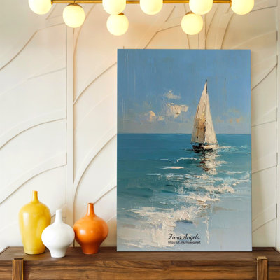 Sailboat Seascape Canvas Print Blue Ocean Coastal Beach Painting Decor Wall Art, Decorative Home Accent, Living Room, Bedroom and Office Decor, Gallery Wall Artwork, Modern Interior Styling