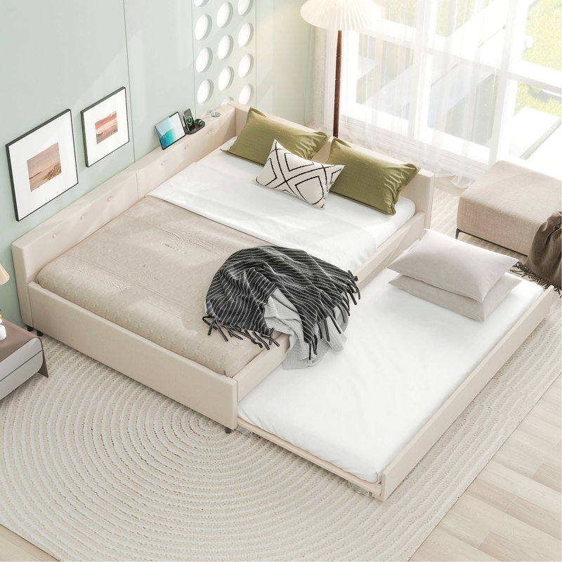 Upholstered Platform Bed With USB And Trundle