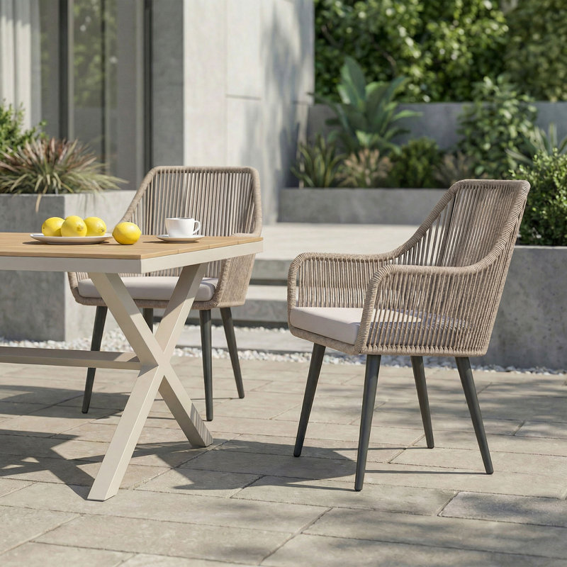 Cassil Premium All-Weather Wicker Outdoor Dining Armchair with Cushion, Beige Frame/Light Gray Cushion