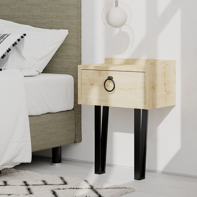 David-Jack 1 Drawer Bedside Table with Hairpin Legs, Oak