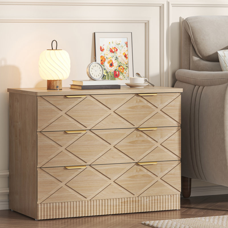 Large Modern Nightstand, 32" Wide Side Table With 3 Storage Drawers, Natural Night Stand With Carved Diamond Design, Bedside End Table For Bedroom, Living Room, Closet