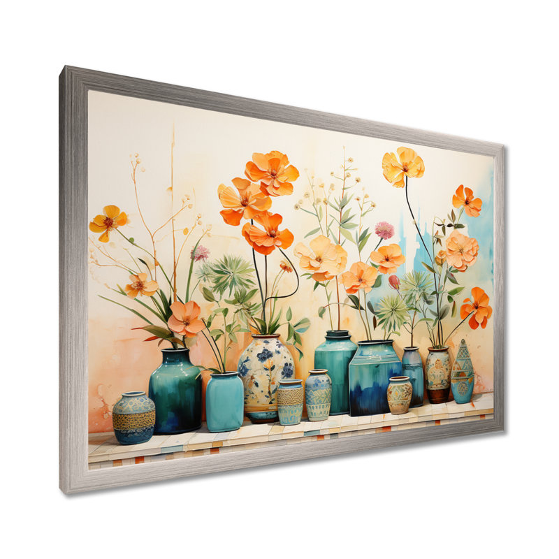 Aquarelle florale bleue II - art mural Boho, Cadre de coin argenté fermé, H 24 po x l 32 po x P 1 po