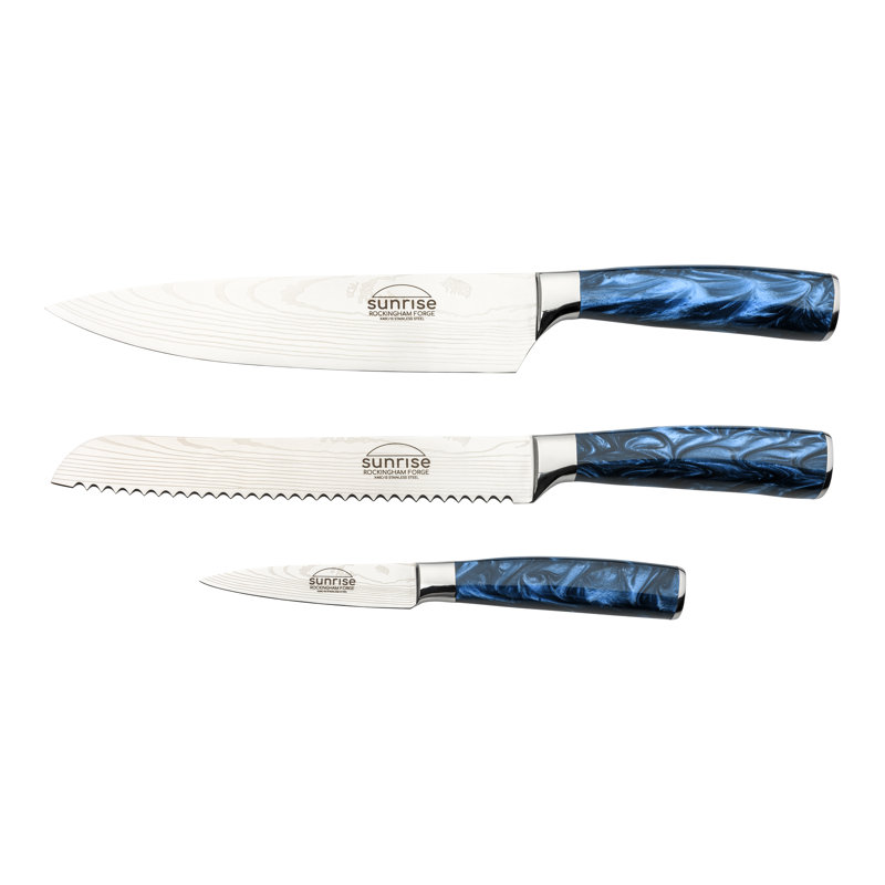 Rockingham Forge Sunrise Collection 3-Piece Kitchen Knife Set, Premium Stainless Steel With Resin Handles – Chef’s Knife, Paring Knife & Bread Knife, Sapphire Blue