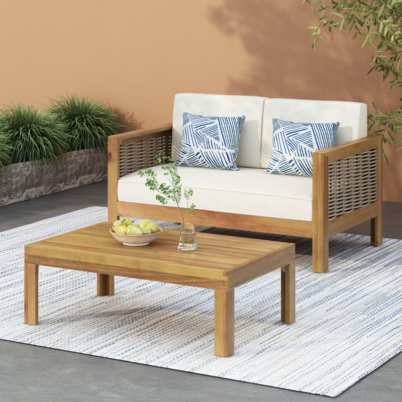  Ensemble de causeuse en bois d'acacia et osier avec coussins et table basse, beige acajou