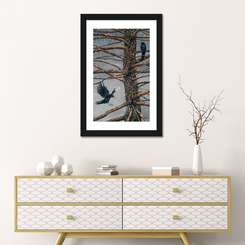 Corvus Corvidae and the Cedar par Maggie Vandewalle - reproduction d'art, H 24 po x l 16 po x P 1 po, Blanc