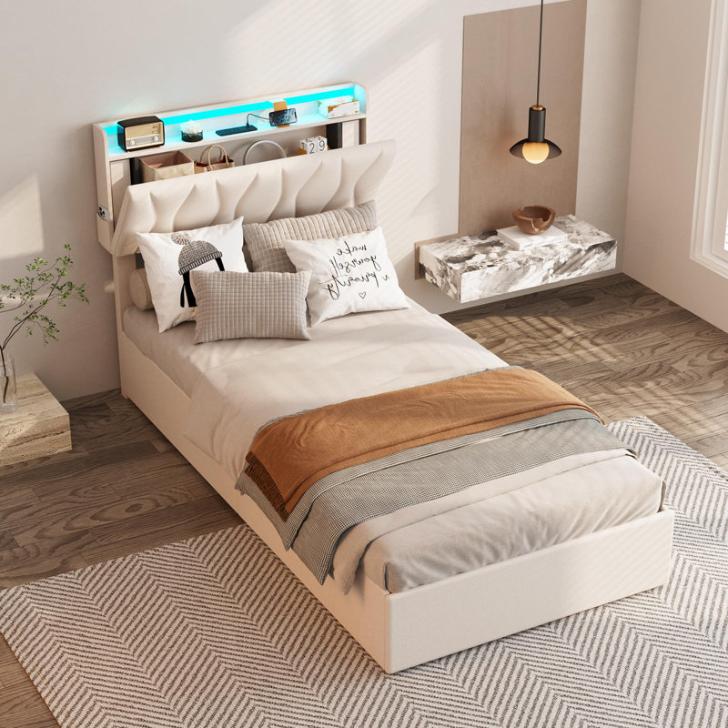 Lit plateforme tapissier Helmgard, Blanc, Lit simple