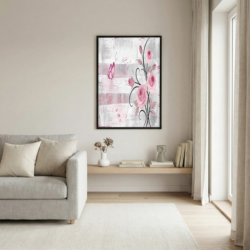 Art mural sur toile, roses roses et papillons sur planches de bois blanc vieilli, H 12 po x l 18 po