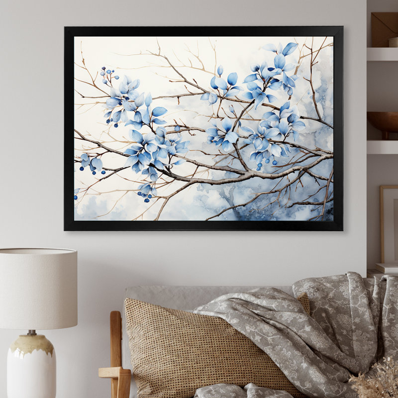 Art sur toile, feuilles bleues et grises, Cadre simple noir, H 30 po x l 40 po x P 1,5 po