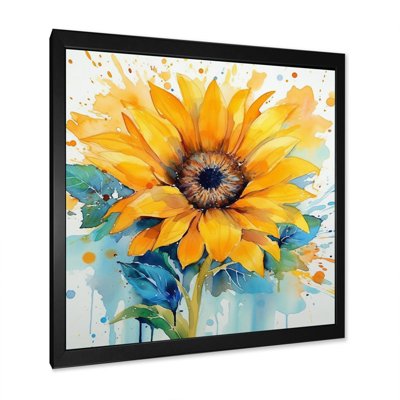 Jaune, bleu, doré, tournesols III, H 16 po x l 16 po x P 1 po, Cadre photo noir