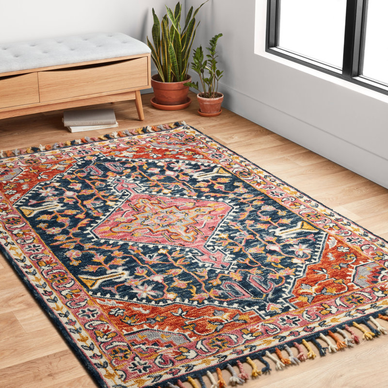 Tapis oriental en laine crocheté à la main bleu marine / orange / gris Carroll, Rectangle 5 pi x 7 pi 6 po