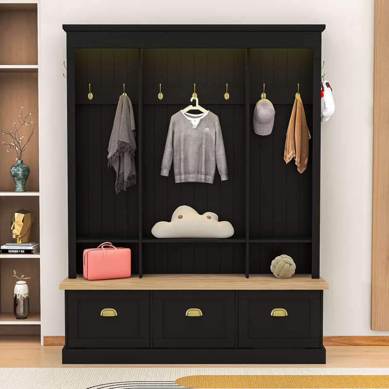 Elegant Hall Tree with Shelves, Hooks, LED Lighting and Bench Seating for Entryway, Black