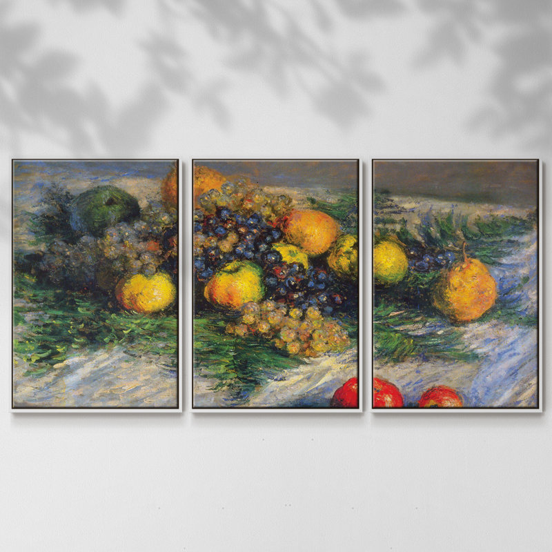 Nature morte par Monet, ensemble de 3 toiles encadrées, H 40 po x l 78 po, Cadre blanc