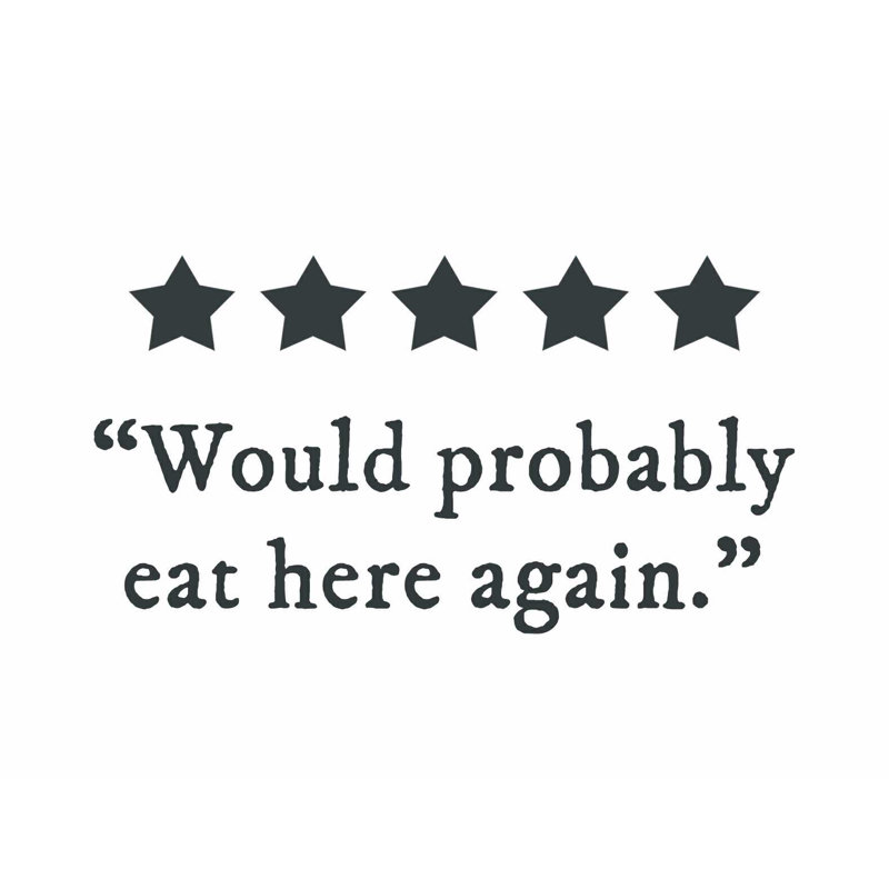 «Will Eat Here Again», art textuel sur toile tendue, H 12 po x l 16 po