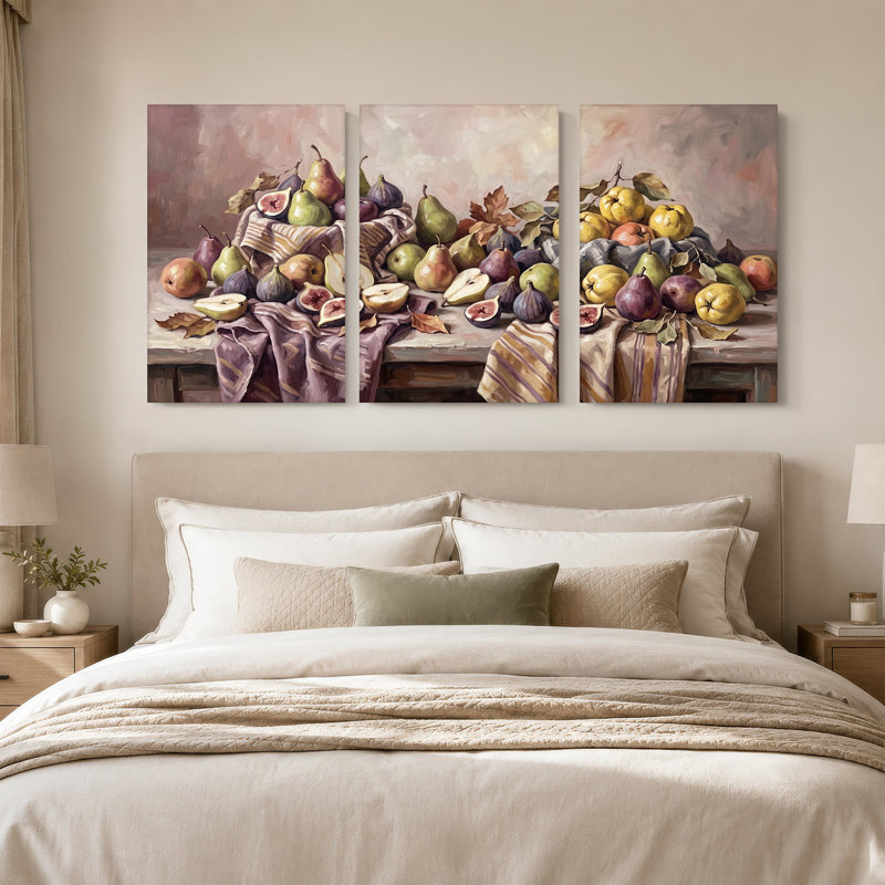 Ensemble de 3 toiles vertes poires vertes et mauves sur toile tendue, H 36 po x l 24 po x 3 pièces