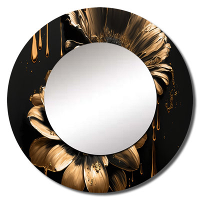 Panagiotis Black And Gold Daisy III - Daisy Decorative Mirror, Black Large Round Wall Mirror, Printed Metal Art