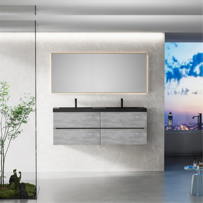 Meuble-lavabo mural de 60 po avec lavabo, meuble de rangement mural moderne, double bac à sable en quartz noir et quatre tiroirs à fermeture en douceur, série EDI, finition gris ciment