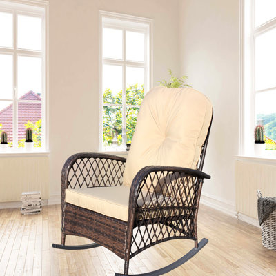 Fauteuil à bascule d'extérieur, coussin d'assise, structure en acier, pour jardin, terrasse ou cour, couleur brun clair, modèle spacieux avec assise confortable, style cadre pour sous-sol.