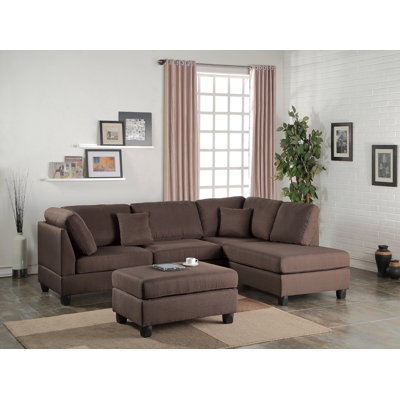 Chocolate Color 3Pcs Sectional Living Room Furniture Reversible Chaise Sofa And Ottoman Polyfiber Linen Like Fabric Cushion Couch