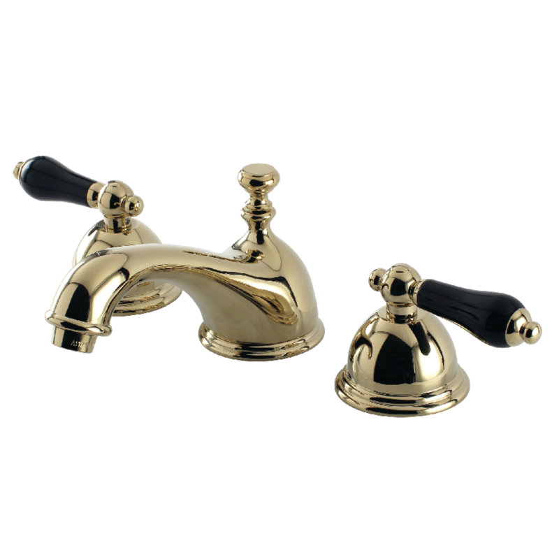 Kingston Brass Duchess Two-Handle 3-Hole Deck Mount Widespread Bathroom Faucet with Brass Pop-Up Drain, Polished Brass