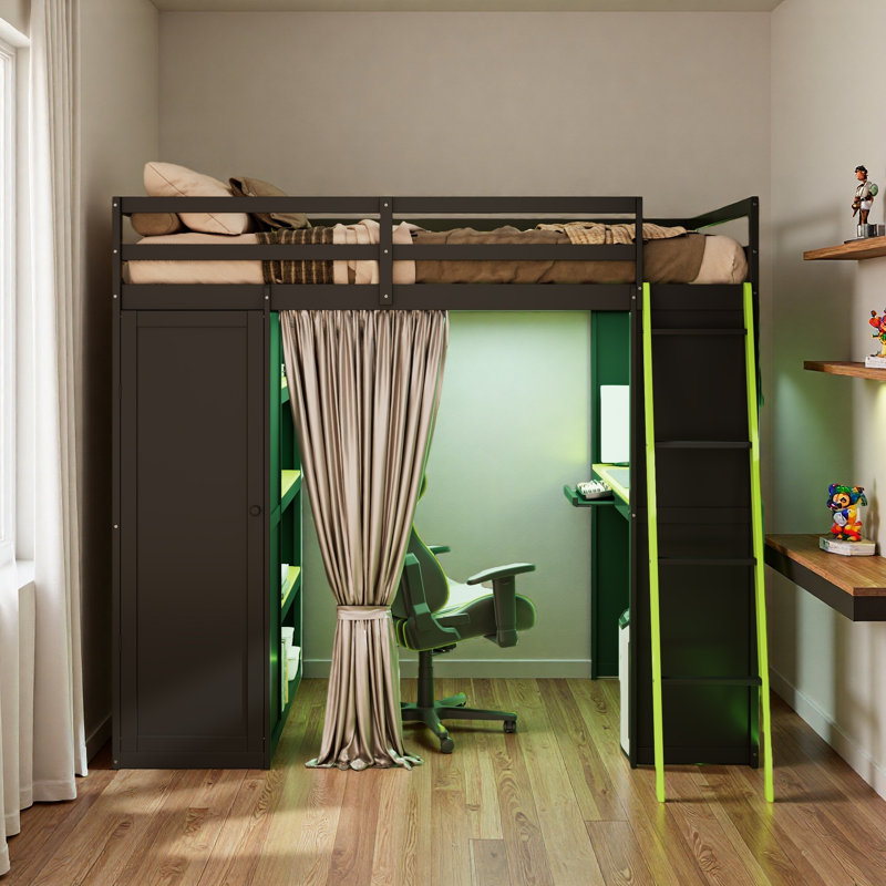 Lit mezzanine en bois pleine grandeur avec garde-robe, tablettes, rideaux occultants et lumières RVB, Noir/vert